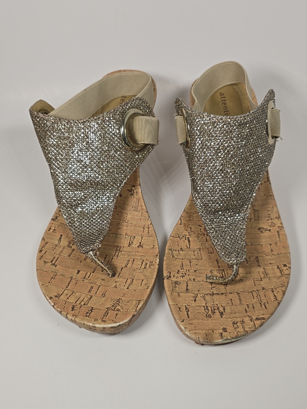 Womens Gold Glitter Cork Wedge Sandals Size 8M - Picture 6 of 8